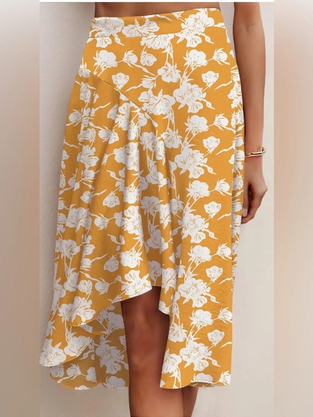 High-Low Floral Midi Skirt in Mustard Yellow